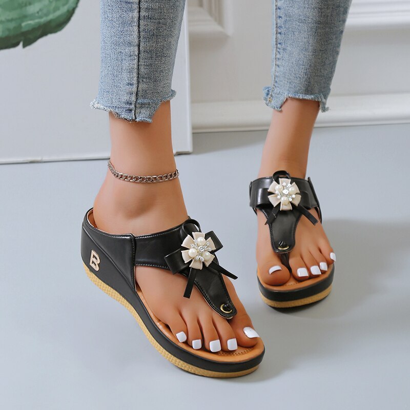 Orthopedic Sandals Women Vintage Flower Rhinestones Flip-flops Extra Comfy Summer Anti-slip Soles