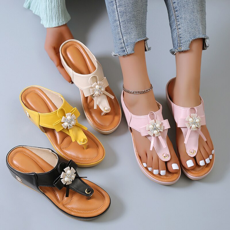 Orthopedic Sandals Women Vintage Flower Rhinestones Flip-flops Extra Comfy Summer Anti-slip Soles