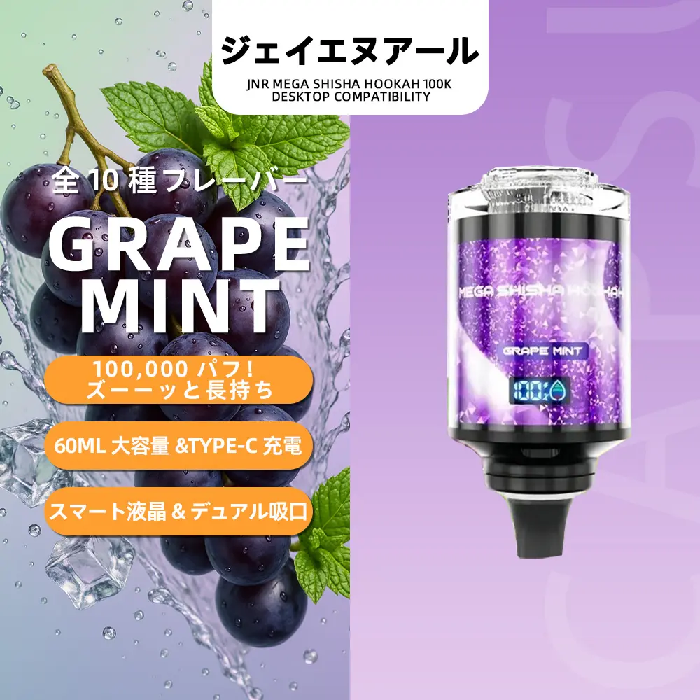 JNR（ジェイエヌアール） Mega Shisha Hookah 使い捨て電子タバコ 100000口（Grape Mint／グレープミント） 2% ニコチン