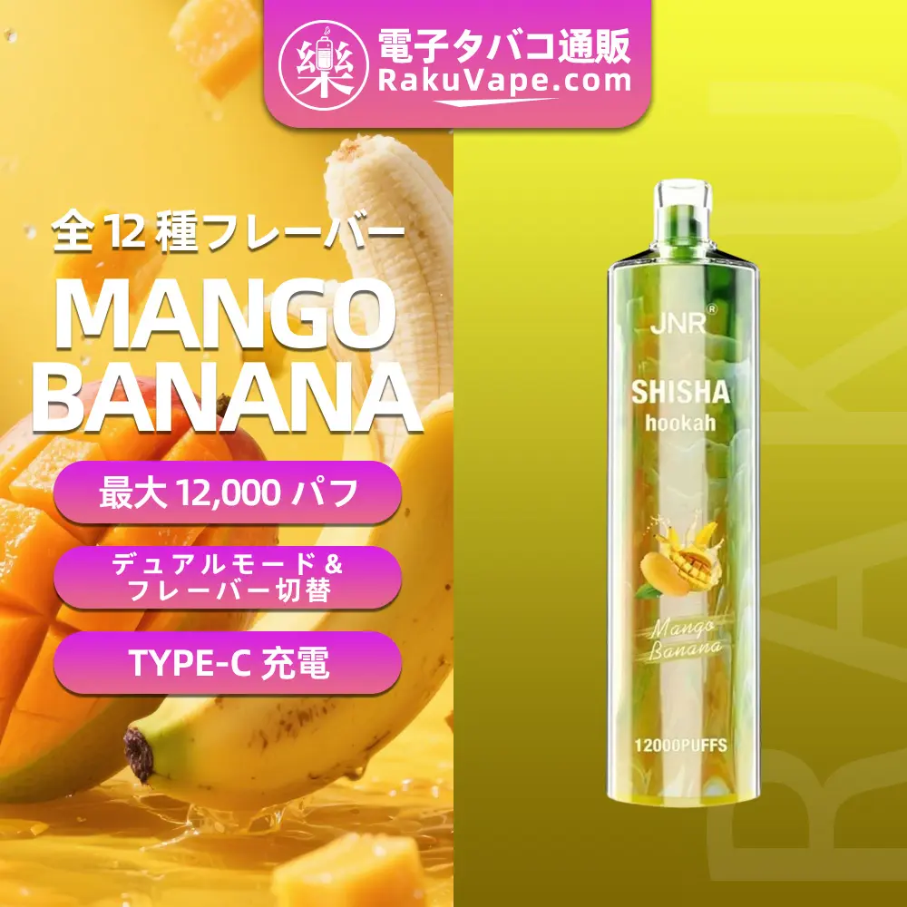JNR（ジェイエヌアール） Shisha Hookah 使い捨て電子タバコ 12000口（マンゴーバナナ） 2% ニコチン