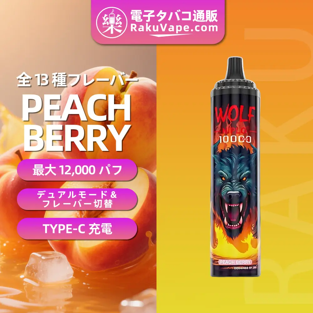 JNR（ジェイエヌアール） Wolf Niplo 使い捨て電子タバコ 10000口（ストロベリーモヒート） 2% ニコチン