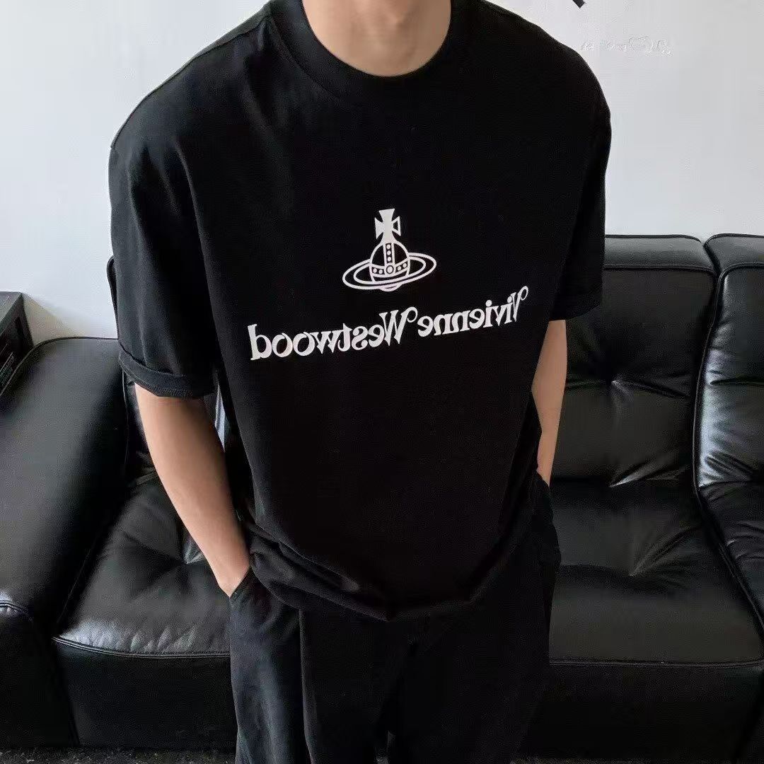 『M-2XL』黒と白のインスタイル純綿半袖Tシャツ男性と女性ゆったり夏のトレンド