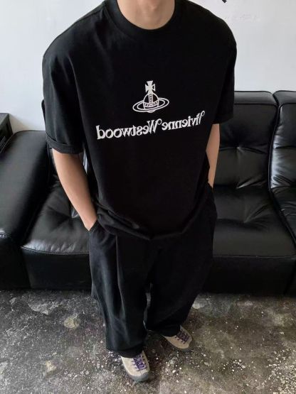 『M-2XL』黒と白のインスタイル純綿半袖Tシャツ男性と女性ゆったり夏のトレンド