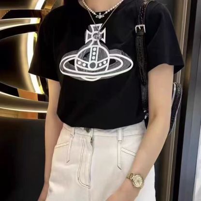 『M-3XL』夏の純綿プリント半袖ルーズスリムラウンドネックカジュアルオールマッチトップホットスタイルイン