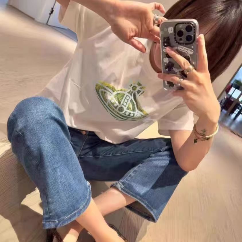 『M-3XL』夏の純綿プリント半袖ルーズスリムラウンドネックカジュアルオールマッチトップホットスタイルイン