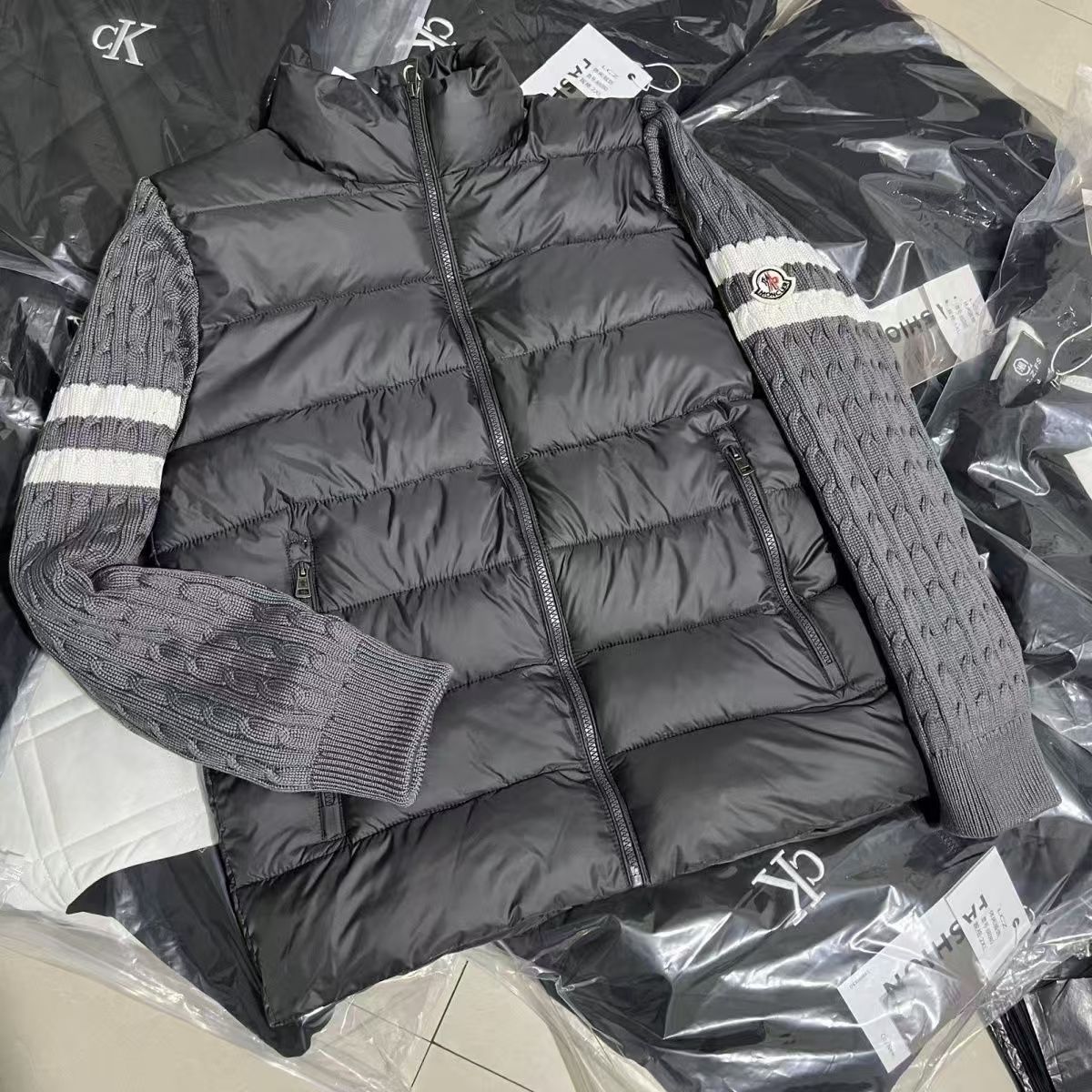 『M-4XL』ニットパッチワークコットンジャケットスタンドカラーメンズ冬暖かい新しいカジュアルカップルコットンジャケット