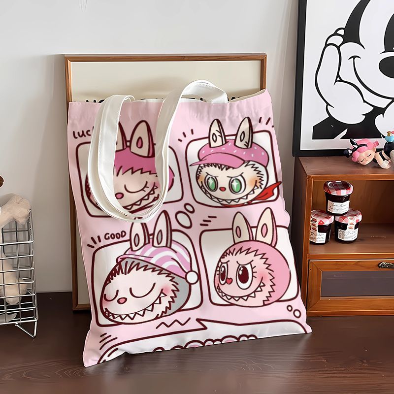 Labubu キャンバスバッグ 女子学生 かわいい 家庭教師用ハンドバッグ カジュアル ショルダーバッグ ショッピングバッグ Labubu キャンバスバッグ
