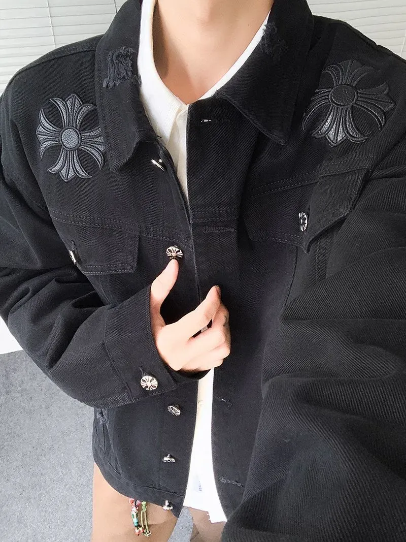 『M-5XL』春と秋の新作、男女兼用の破れたデニムジャケット、ハンサムなワークジャケット