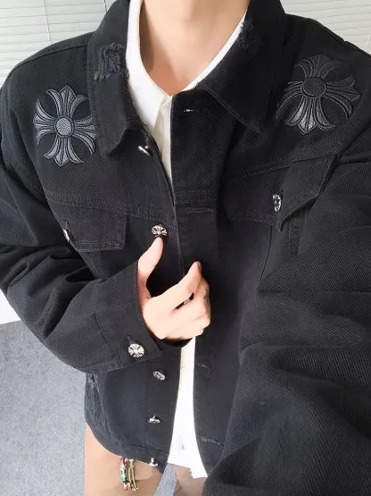 『M-5XL』春と秋の新作、男女兼用の破れたデニムジャケット、ハンサムなワークジャケット