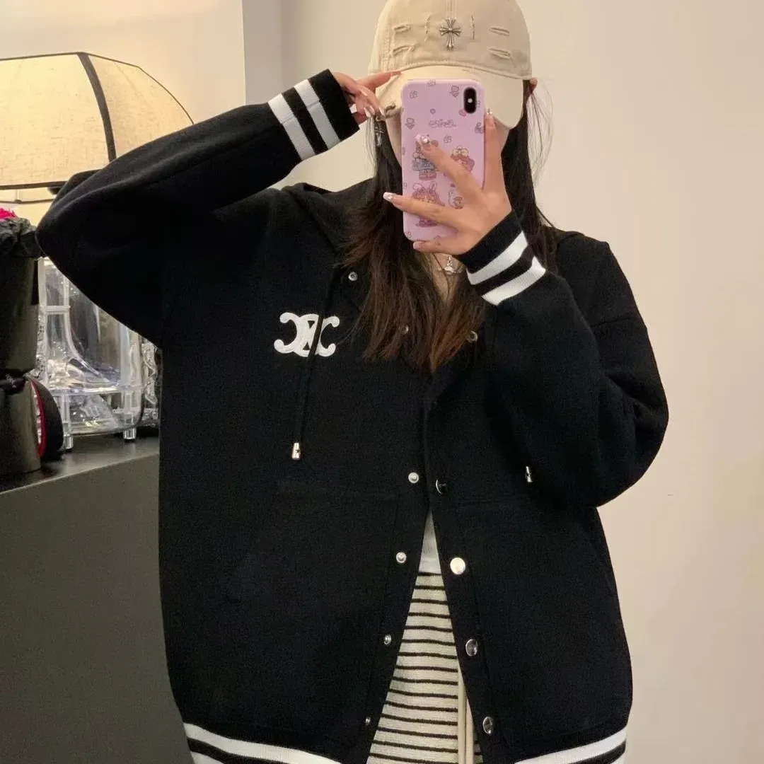 『フリーサイズ』アメリカンレトロな白いベースボールジャケットニットセータートップ