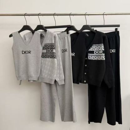 『S-2XL』エレガントなニットスリーピースセット：ベスト、カーディガン、ワイドレッグパンツ - 高級レディーススーツ