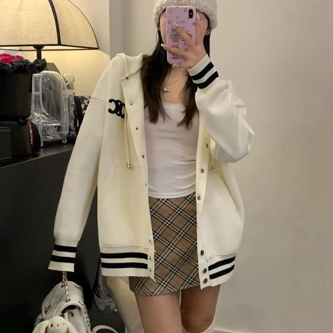 『フリーサイズ』アメリカンレトロな白いベースボールジャケットニットセータートップ