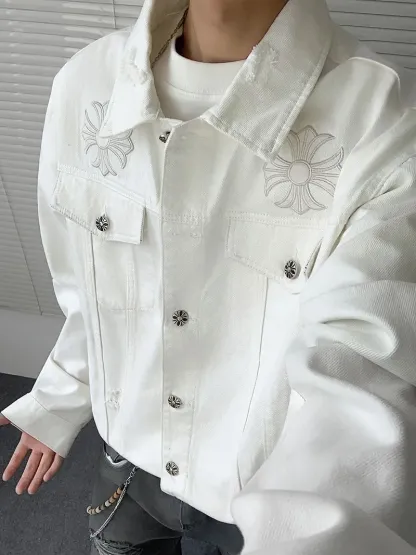 『M-5XL』春と秋の新作、男女兼用の破れたデニムジャケット、ハンサムなワークジャケット