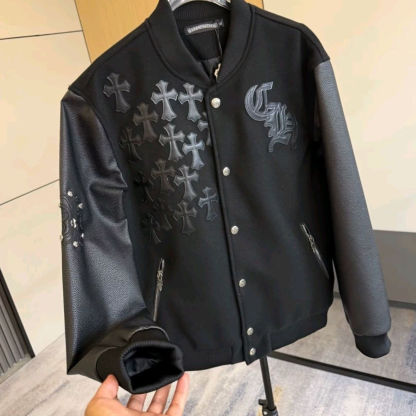 『M-3XL』秋冬季潮牌十字架外套男长袖拼皮暗黑系棒球服皮夹克开衫情侣