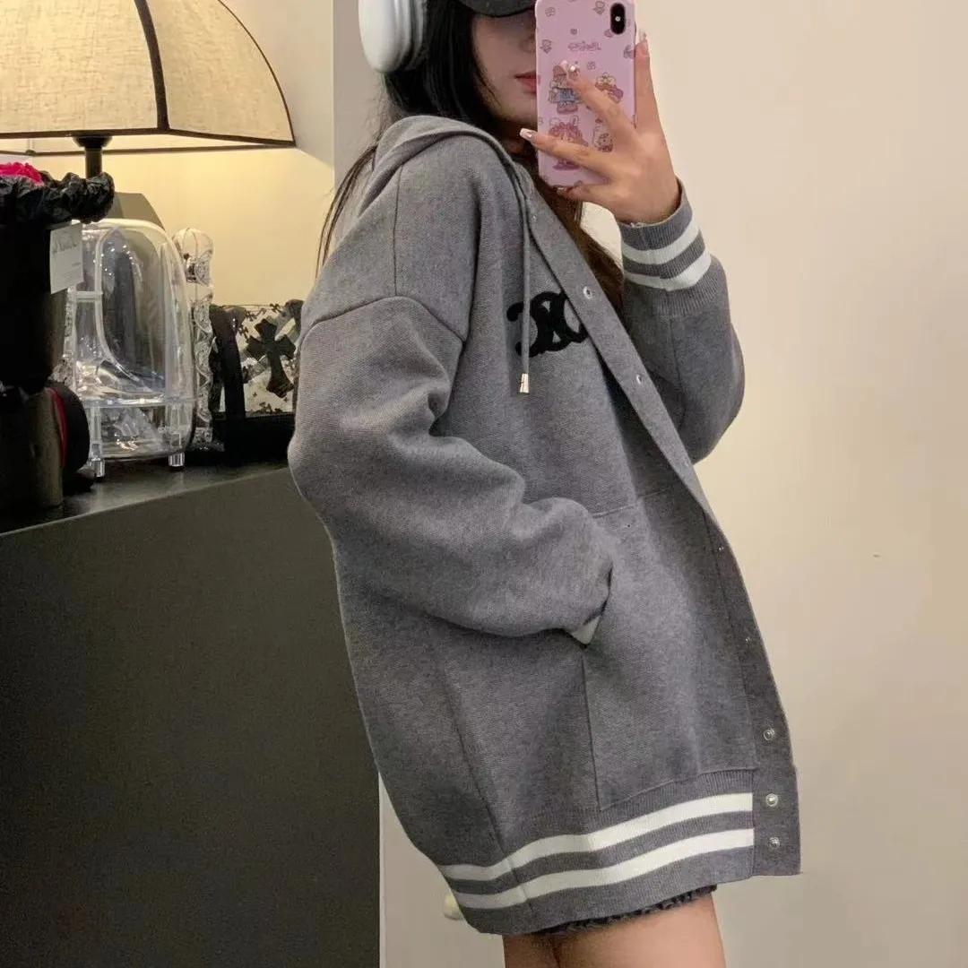 『フリーサイズ』アメリカンレトロな白いベースボールジャケットニットセータートップ