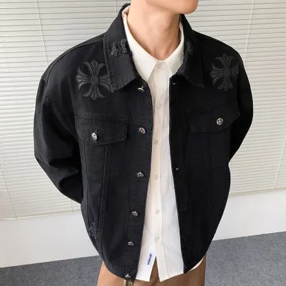 『M-5XL』春と秋の新作、男女兼用の破れたデニムジャケット、ハンサムなワークジャケット