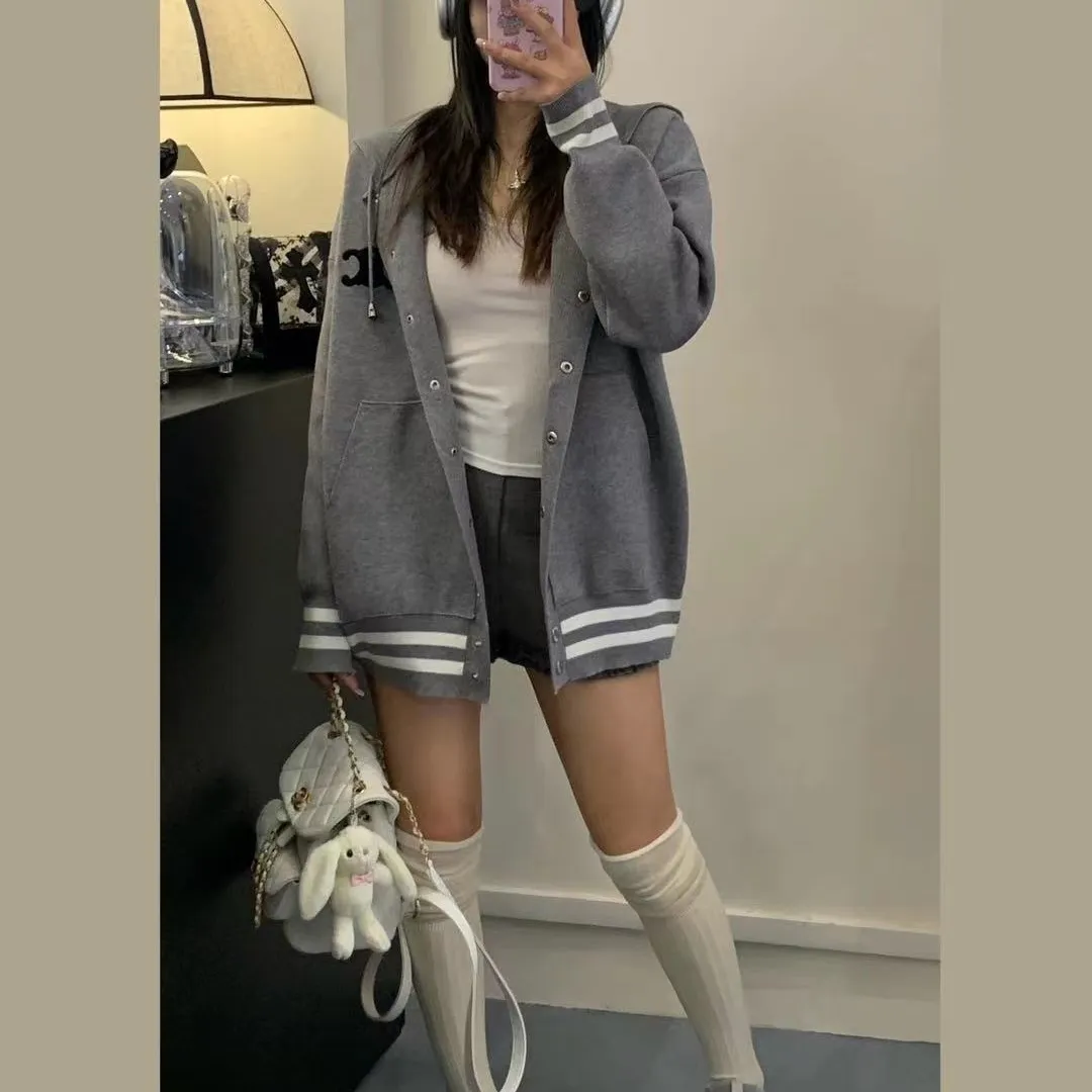 『フリーサイズ』アメリカンレトロな白いベースボールジャケットニットセータートップ