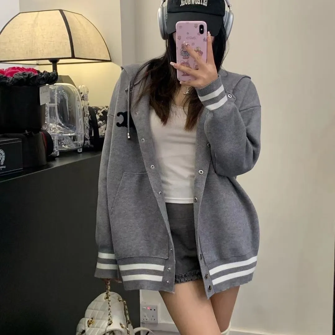 『フリーサイズ』アメリカンレトロな白いベースボールジャケットニットセータートップ