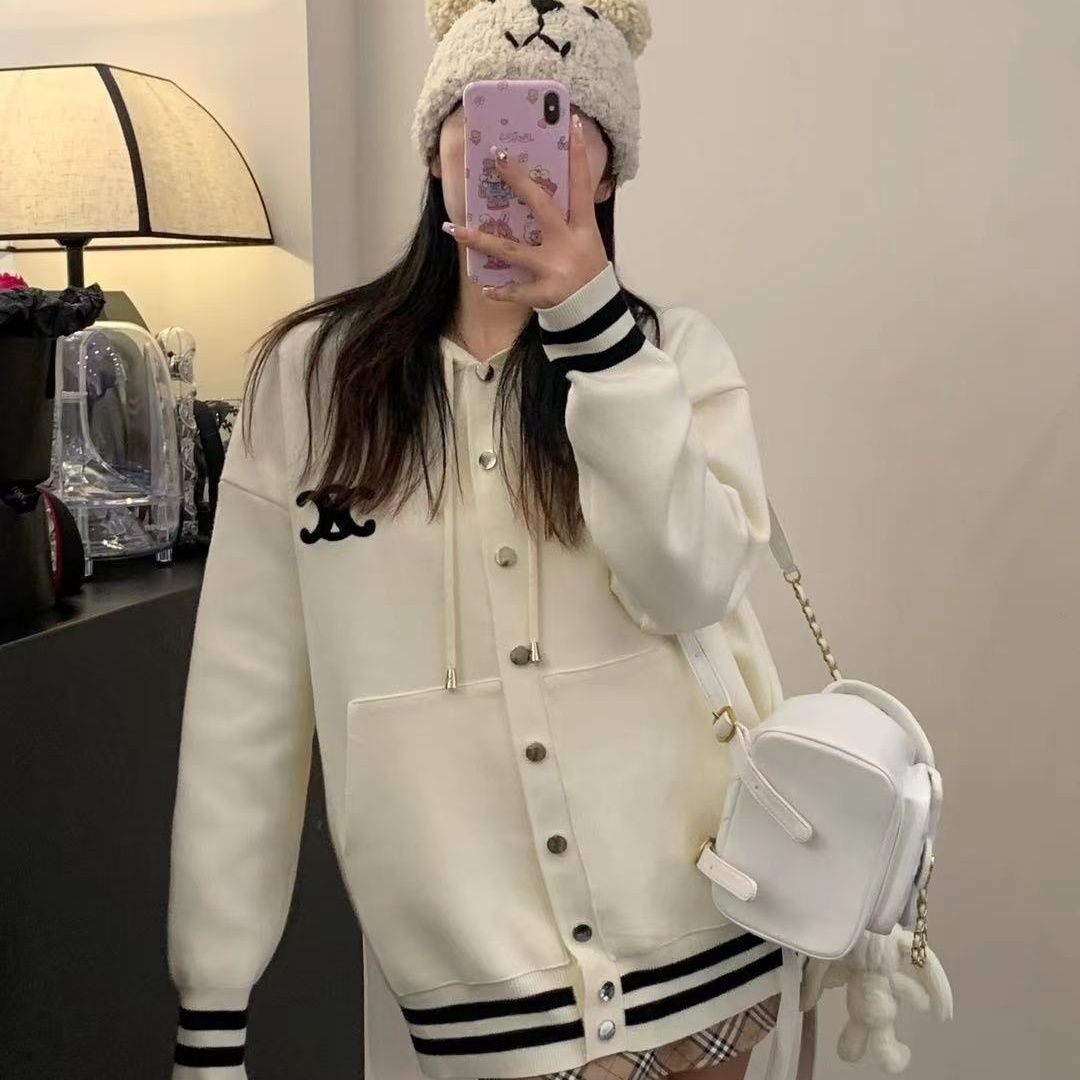 『フリーサイズ』アメリカンレトロな白いベースボールジャケットニットセータートップ