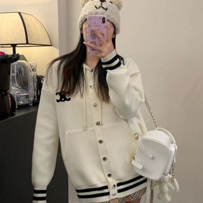 『フリーサイズ』アメリカンレトロな白いベースボールジャケットニットセータートップ
