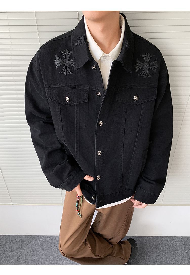 『M-5XL』春と秋の新作、男女兼用の破れたデニムジャケット、ハンサムなワークジャケット