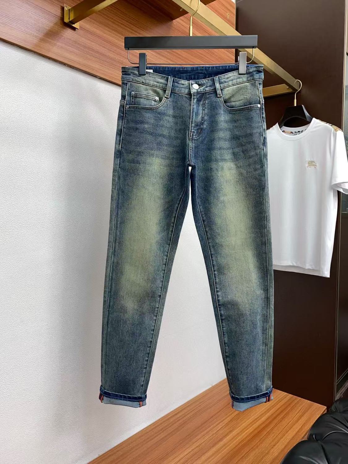 『S-3XL』クラシックな刺繍入り春夏ウォッシュ加工メンズスリムストレートジーンズ