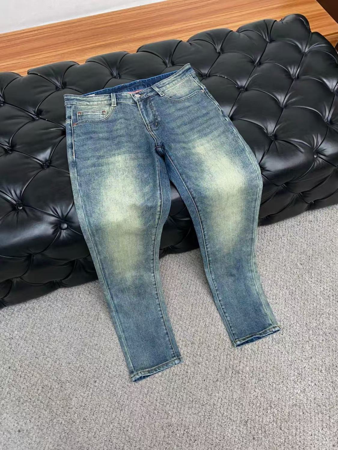 『S-3XL』クラシックな刺繍入り春夏ウォッシュ加工メンズスリムストレートジーンズ