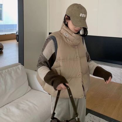 超ファッショナブルなコットンスタンドカラーベスト秋冬ゆったりショート万能ベストジャケット