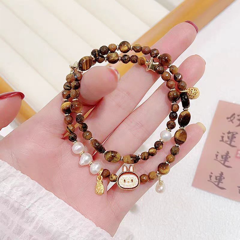 labubu トレンディなブレスレット タイガーアイブレスレット レディース ダブルサークル ハンドジュエリー 軽量 高級 多用途 シンプル 伸縮性 ロープ ニッチ
