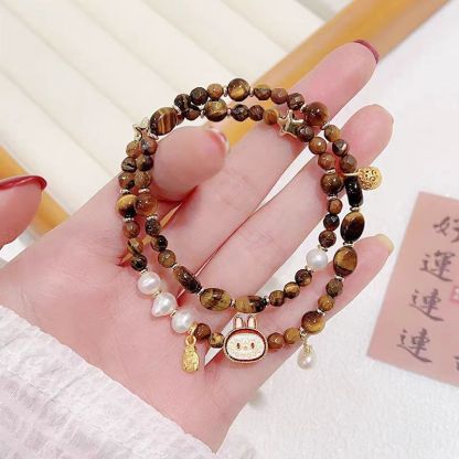 labubu トレンディなブレスレット タイガーアイブレスレット レディース ダブルサークル ハンドジュエリー 軽量 高級 多用途 シンプル 伸縮性 ロープ ニッチ