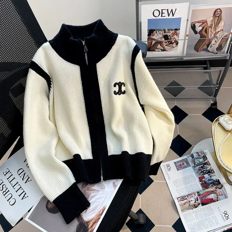 『S-XL』着回し力抜群 楽ちん スタンドネック チャック バイカラー カジュアル ニット カーディガン