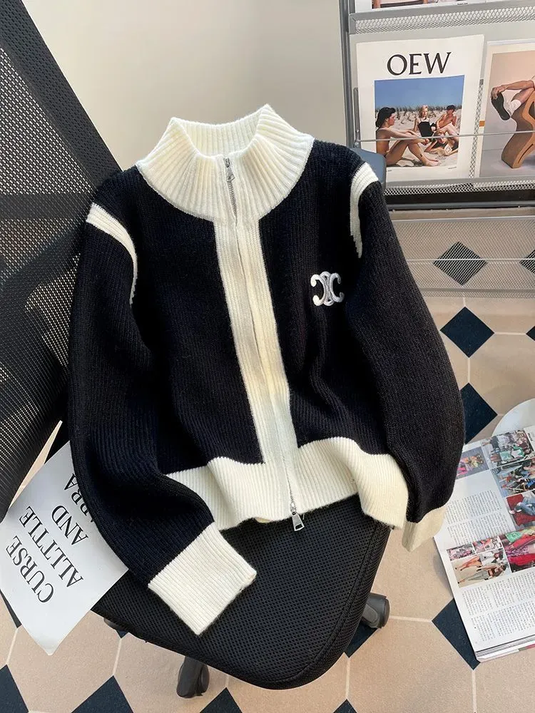 『S-XL』着回し力抜群 楽ちん スタンドネック チャック バイカラー カジュアル ニット カーディガン