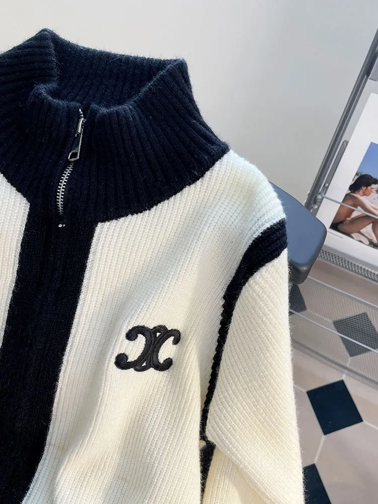 『S-XL』着回し力抜群 楽ちん スタンドネック チャック バイカラー カジュアル ニット カーディガン