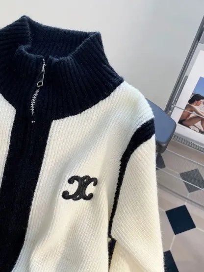 『S-XL』着回し力抜群 楽ちん スタンドネック チャック バイカラー カジュアル ニット カーディガン