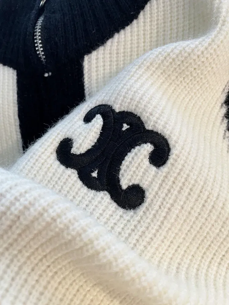 『S-XL』着回し力抜群 楽ちん スタンドネック チャック バイカラー カジュアル ニット カーディガン