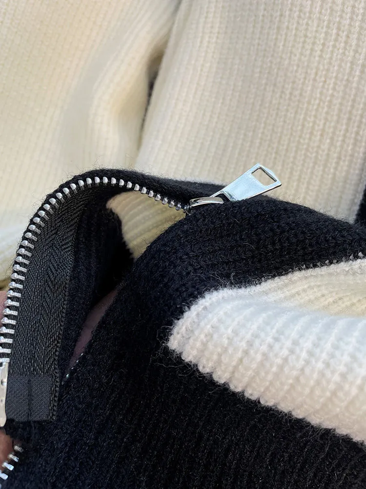 『S-XL』着回し力抜群 楽ちん スタンドネック チャック バイカラー カジュアル ニット カーディガン