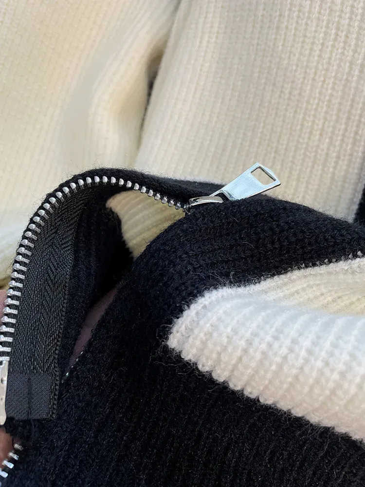 『S-XL』着回し力抜群 楽ちん スタンドネック チャック バイカラー カジュアル ニット カーディガン