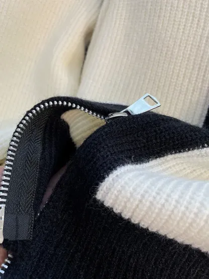 『S-XL』着回し力抜群 楽ちん スタンドネック チャック バイカラー カジュアル ニット カーディガン