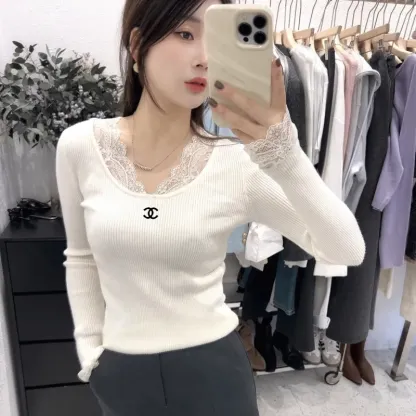 『S-L』絶対流行 魅力的 レトロ Vネック レース トップス