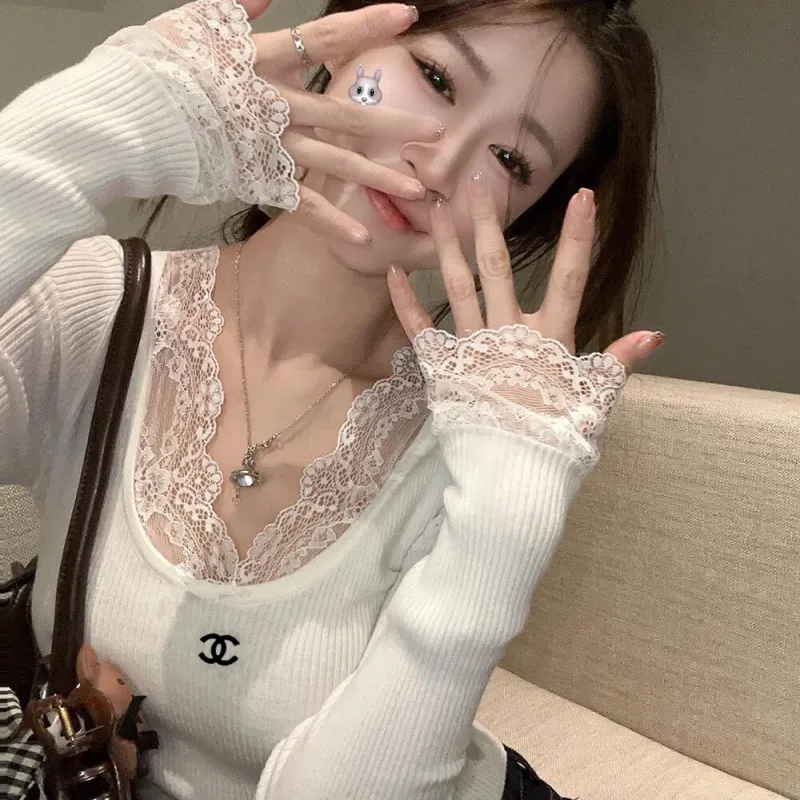 『S-L』絶対流行 魅力的 レトロ Vネック レース トップス