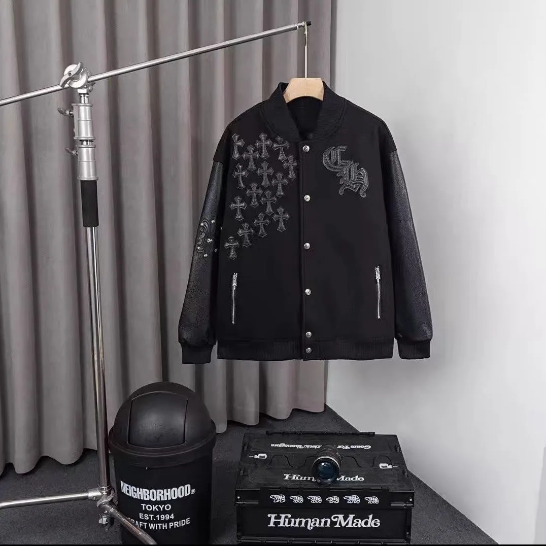 『M-3XL』秋冬季潮牌十字架外套男长袖拼皮暗黑系棒球服皮夹克开衫情侣