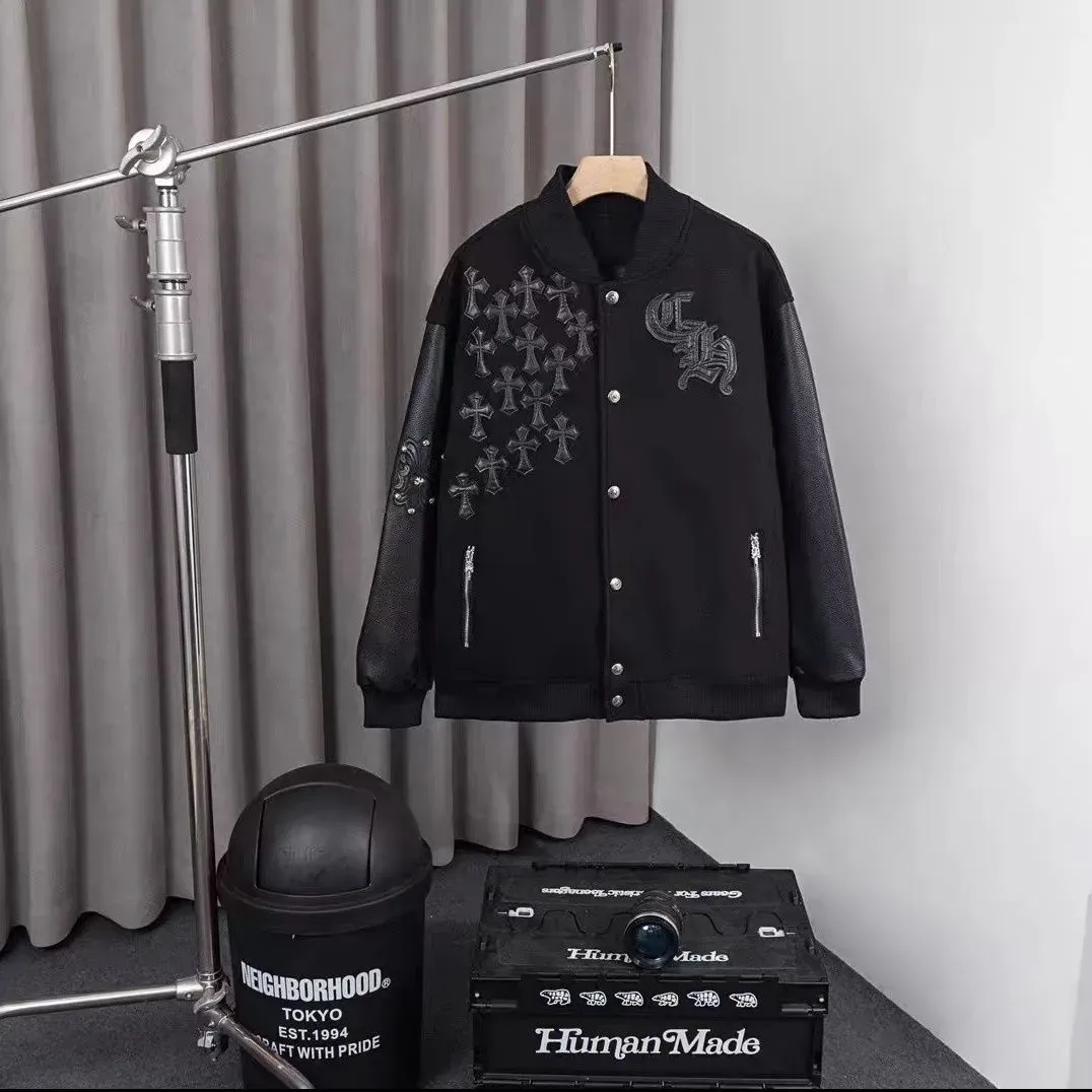 『M-3XL』秋冬季潮牌十字架外套男长袖拼皮暗黑系棒球服皮夹克开衫情侣