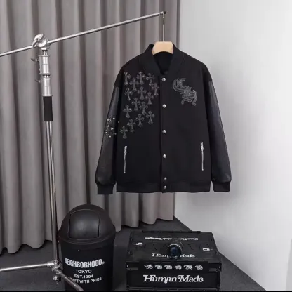 『M-3XL』秋冬季潮牌十字架外套男长袖拼皮暗黑系棒球服皮夹克开衫情侣