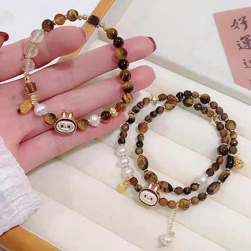 labubu トレンディなブレスレット タイガーアイブレスレット レディース ダブルサークル ハンドジュエリー 軽量 高級 多用途 シンプル 伸縮性 ロープ ニッチ