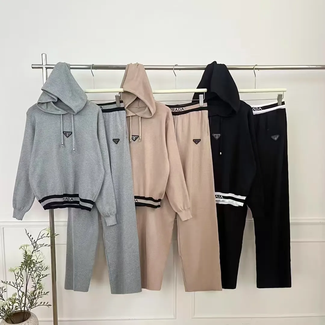 『S-2XL』レディースフード付きニットトップ、スリミングカジュアルスポーツウェア、ワイドレッグパンツスーツ