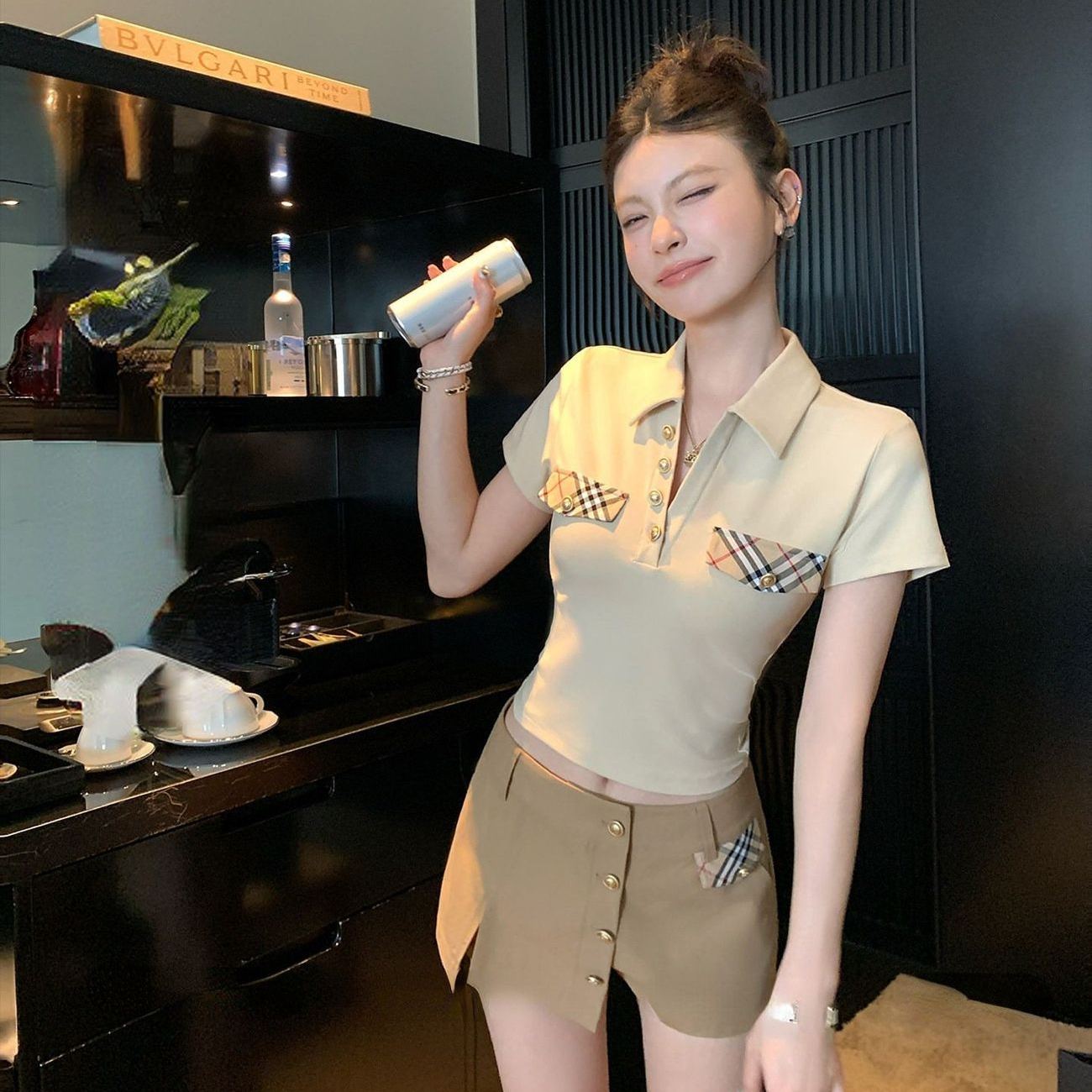 『S-L』夏新作！おしゃれなスリムフィットポロネックTシャツとスカートのツーピースセット