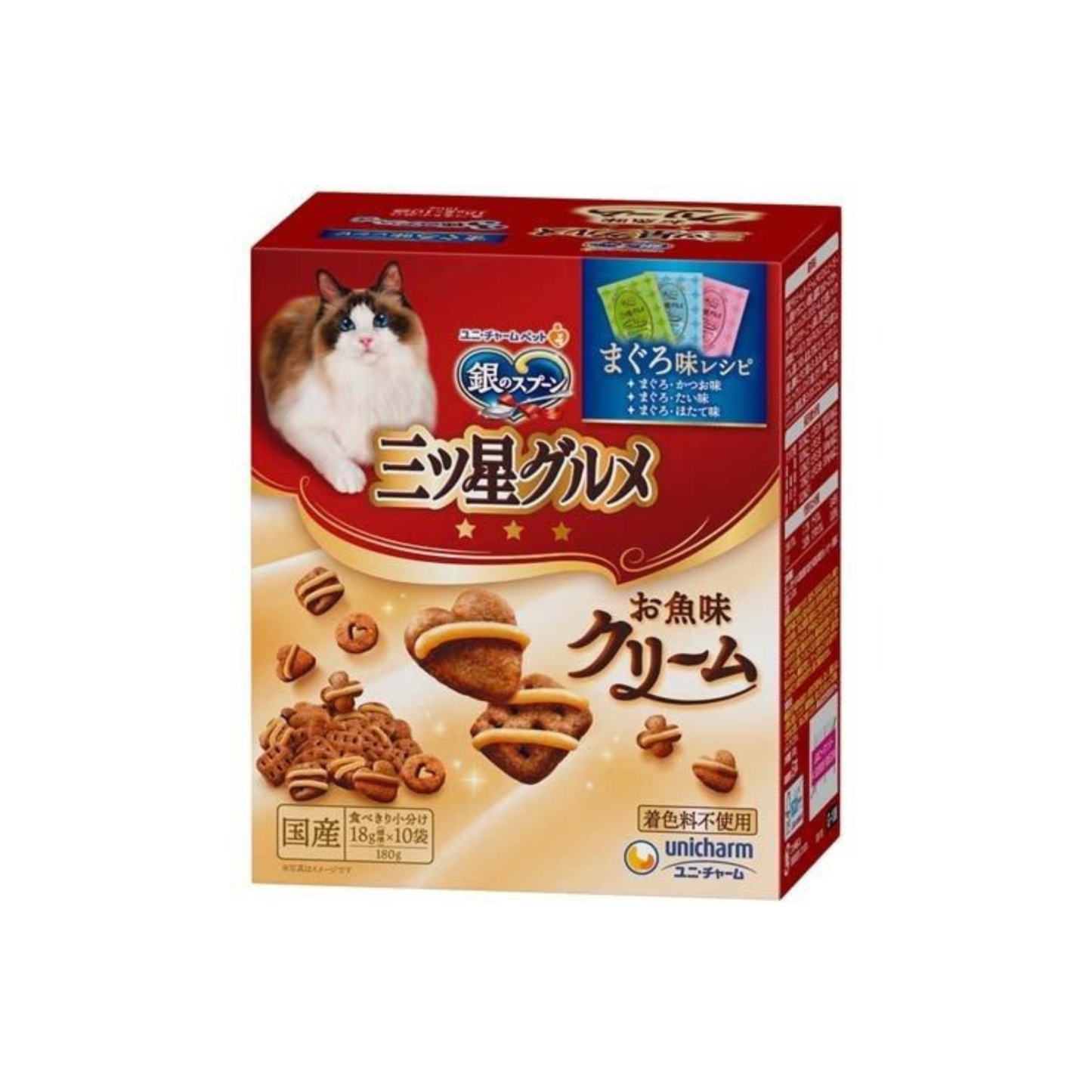 unicharm-*【鯛魚+扇貝+吞拿魚鰹魚】三星銀匙美食貓貓脆餅18g*10包(4520699685334)[平行進口]