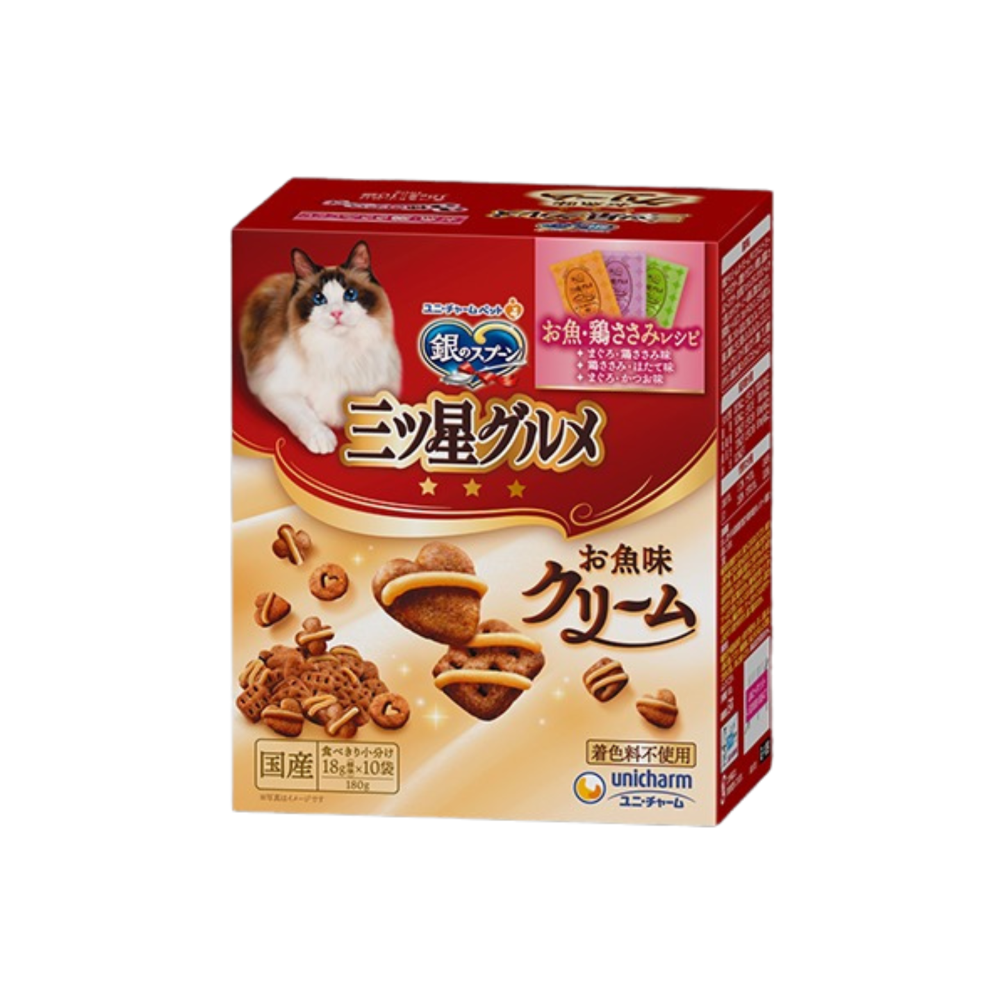 unicharm-*【吞拿魚雞肉+雞肉扇貝+鰹魚】三星銀匙美食貓貓脆餅180g(4520699685471)[平行進口]