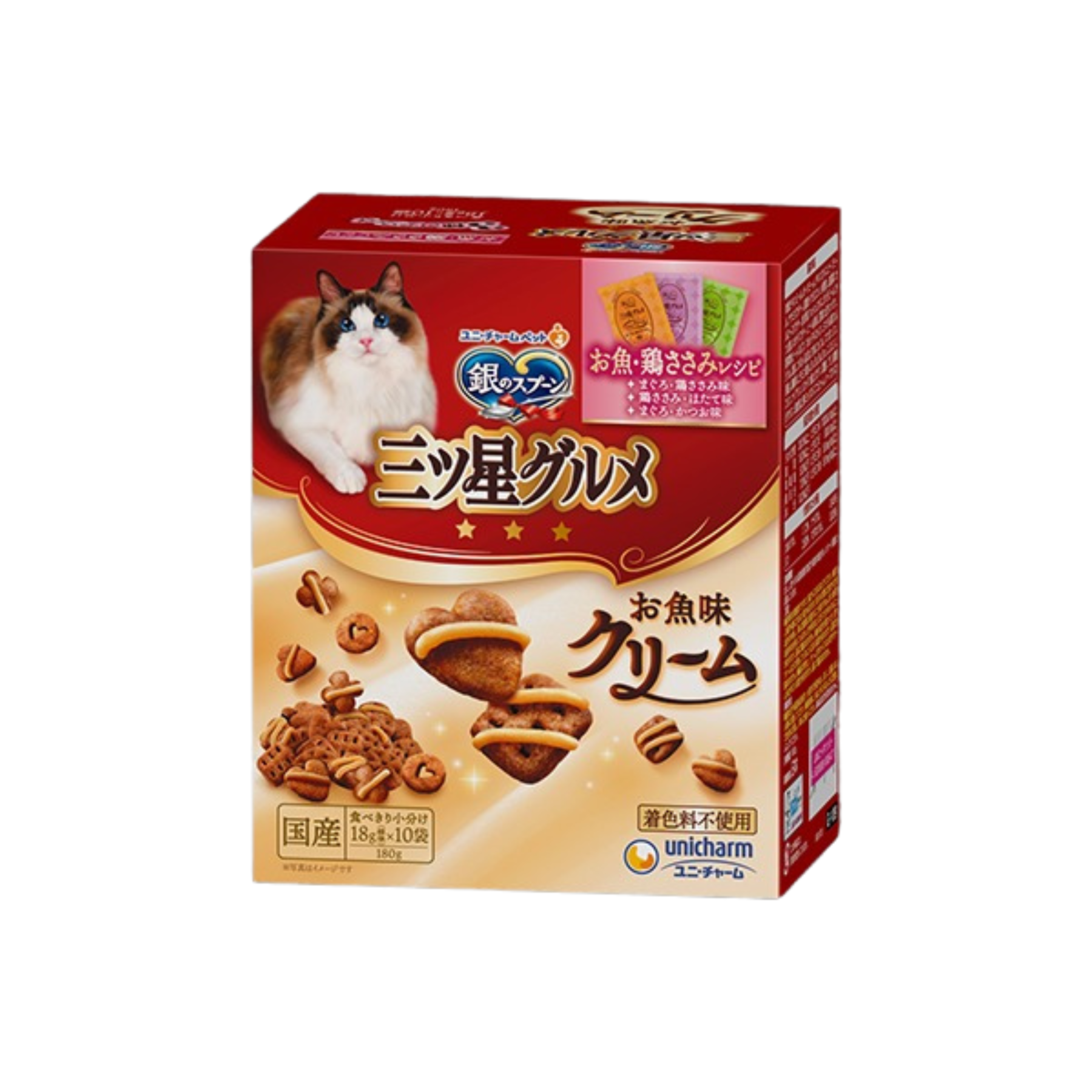 unicharm-*【吞拿魚雞肉+雞肉扇貝+鰹魚】三星銀匙美食貓貓脆餅180g(4520699685471)[平行進口]