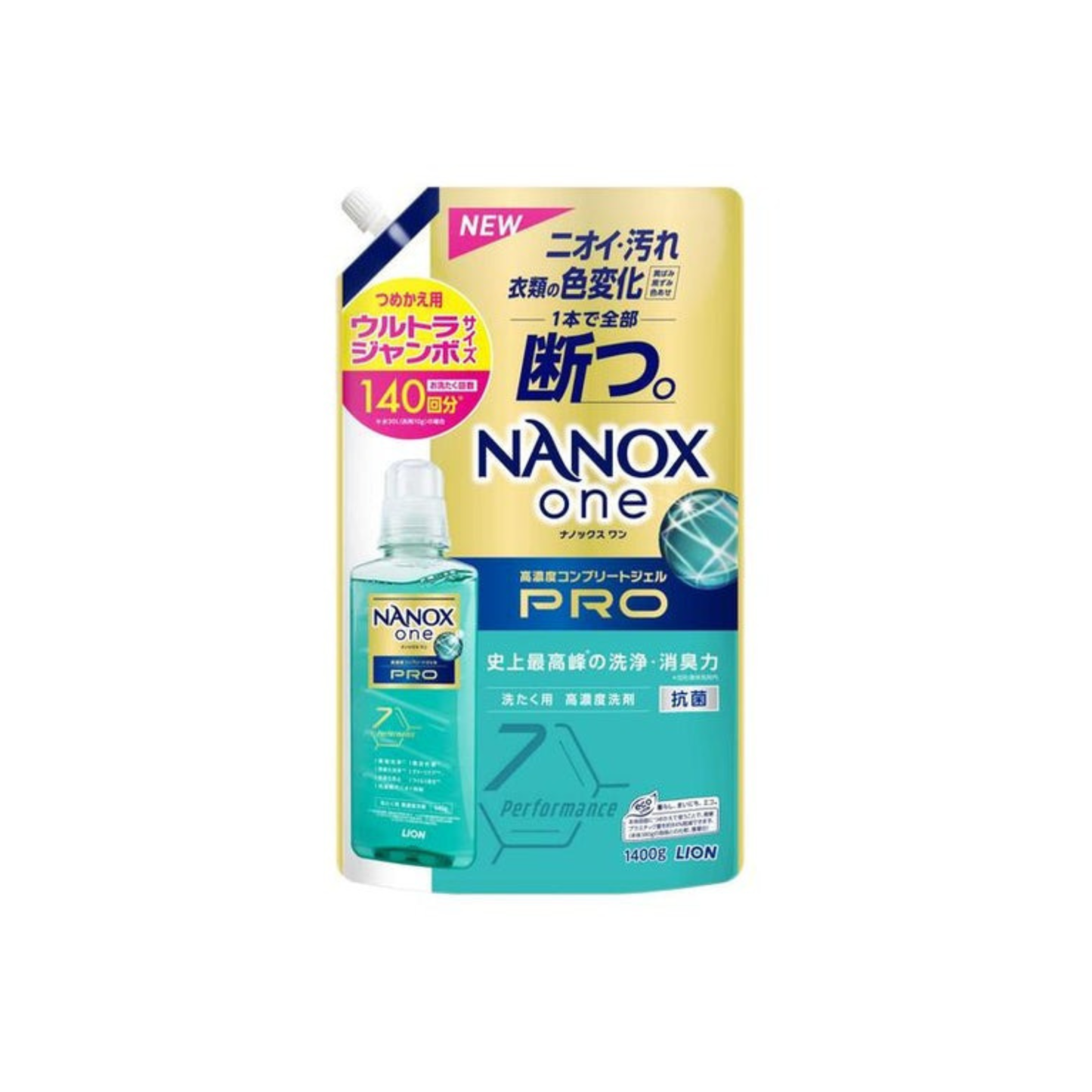 獅王-*[綠-消臭+洗淨]Nanox One 納米樂濃縮抗菌洗衣液 補充裝 1400g (4903301350811)[平行進口]